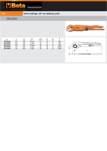 Beta 374 550 Svéd csőfogó, 45°-os keskeny pofa 550mm