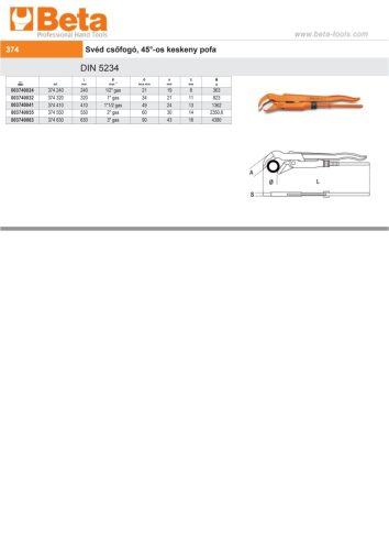 Beta 374 240 Svéd csőfogó, 45°-os keskeny pofa