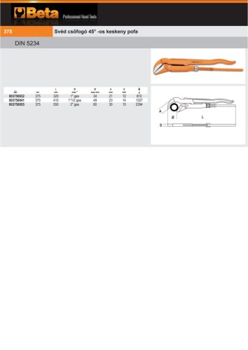 Beta 375 550 Svéd csőfogó 45° -os keskeny pofa 550mm