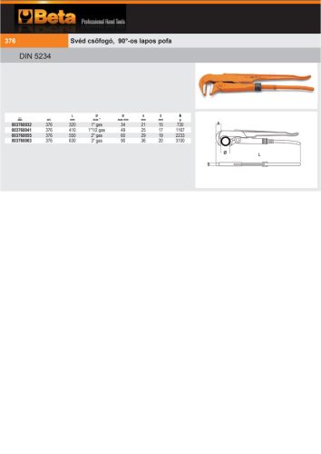 Beta 376 410 Svéd csőfogó, 90°-os lapos pofa 410mm