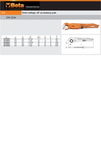 Beta 378 550 Svéd csőfogó, 45°-os keskeny pofa 550mm