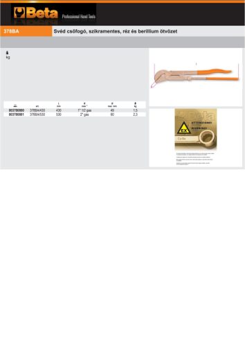 Beta 378BA 530 Svéd csőfogó, szikramentes, réz és berillium ötvözet 530mm