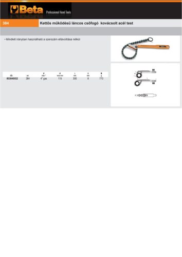 Beta 384 Kettős működésű láncos csőfogó kovácsolt acél test 4"