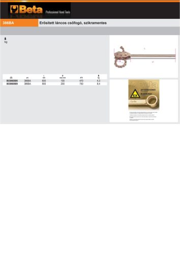 Beta 386BA 200 Erősített láncos csőfogó, szikramentes 900mm