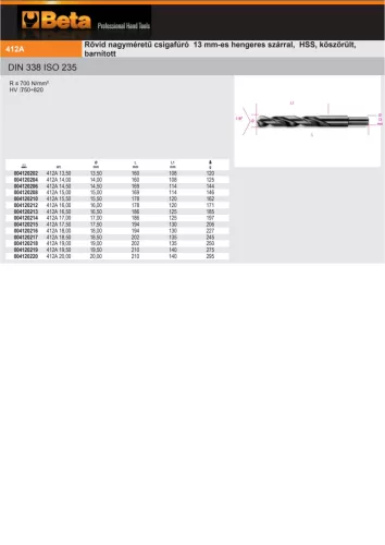Beta 412A Rövid nagyméretű csigafúró 13 mm-es hengeres szárral, HSS, köszörült, barnított 17,00mm