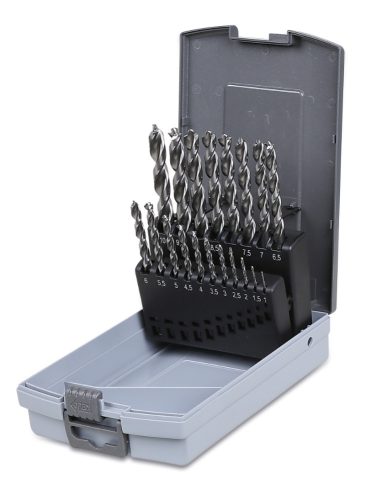 Beta 416P/SP19 19 részes csigafúró szerszám készlet 1-10mm 0,5mm emelkedéssel, HSS, AISI M2, csiszolt, központosítóval műanyag tartóban
