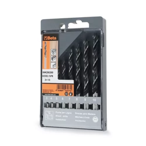 Beta 420D/SP8 8 részes hengerelt csigafúró készlet fához, 2 vágóéllel, központosító csúccsal műanyag tokban