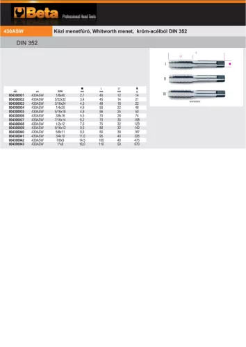 Beta 430ASW ½ Kézi menetfúró, Whitworth menet, króm-acélból DIN 352 BSW1/2x12