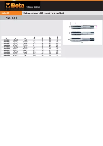 Beta 430ASC 5/8 Kézi menetfúró, UNC menet, krómacélból UNC5/8x11