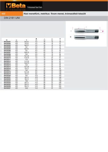 Beta 433 16X1,50 Kézi menetfúró, metrikus finom menet, krómacélból készült M16x1,5
