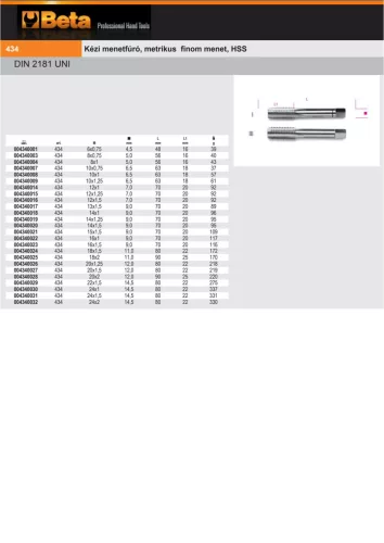 Beta 434 14X1 Kézi menetfúró, metrikus finom menet, HSS M14x1