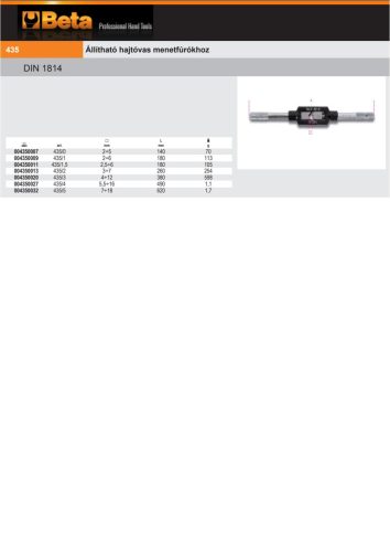 Beta 435/1,5 Állítható hajtóvas menetfúrókhoz 2,5÷6 
M3÷M12