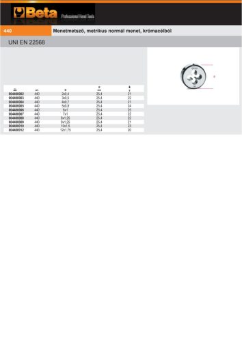 Beta 440 2 Menetmetsző, metrikus normál menet, krómacélból M2x0,4
