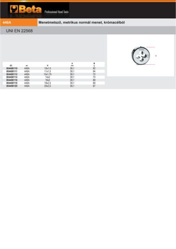 Beta 440A 20X2,5 Menetmetsző, metrikus normál menet, krómacélból M20x2,5