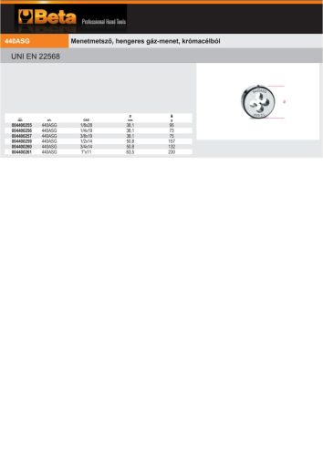 Beta 440ASG ¼ Menetmetsző, hengeres gáz-menet, krómacélból G1/4x19