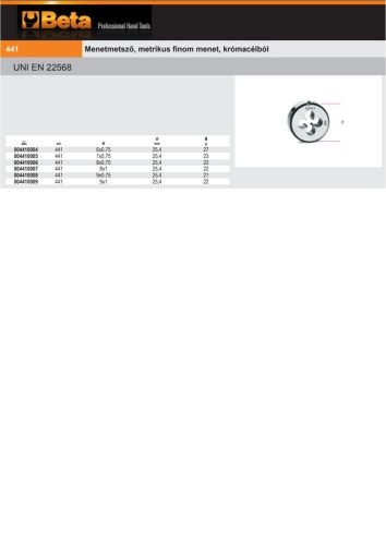 Beta 441 9X1 Menetmetsző, metrikus finom menet, krómacélból M9x1