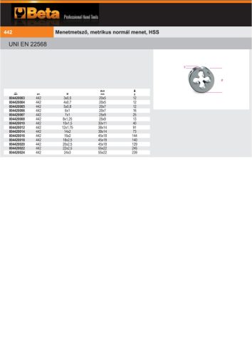 Beta 442 6 Menetmetsző, metrikus normál menet, HSS M6x1