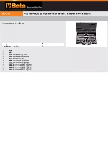 Beta 447/C53 HSS menetfúró és menetmetsző készlet, metrikus normál menet M3-M20
