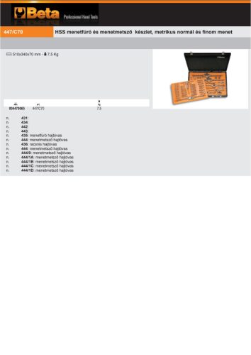Beta 447/C70 HSS menetfúró és menetmetsző készlet, metrikus normál és finom menet M3-M16