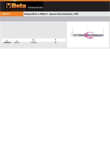 Beta 450PA/1 Központfúró a 450AL/1 típusú felvevőszárhoz, HSS 6,35x105mm