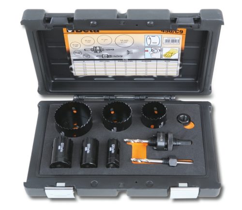 Beta 450/C9 Bimetall-koronafúrókészlet villanyszerelőknek, Ø 22 - 29 - 35 - 44 - 51 - 64 mm műanyag dobozban