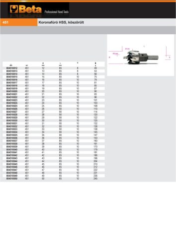 Beta 451 29 Koronafúró HSS, köszörült 29mm