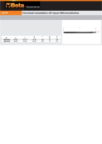 Beta 451PR 12X1,25 Koronafúró befogó hosszabbító a Beta 451GA 12x1,25 típusú HSS-koronafúróhoz