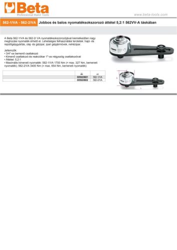 Beta 562-2/VA Jobbos és balos nyomatéksokszorozó áttétel 5,2:1 562VV-A táskában 3400Nm