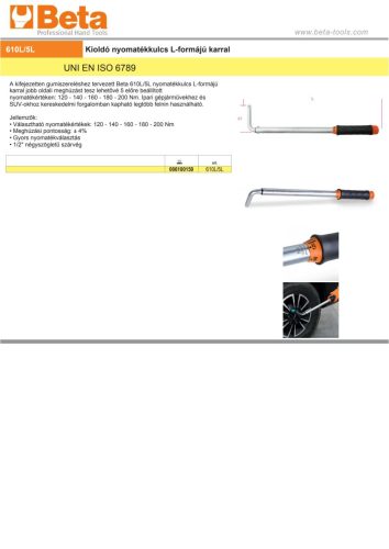 Beta 610L/5L Kioldó nyomatékkulcs L-formájú karral jobb oldali meghúzáshoz, 5 beállított értékkel, meghúzási pontosság: ± 4% 1/2" 120-200Nm