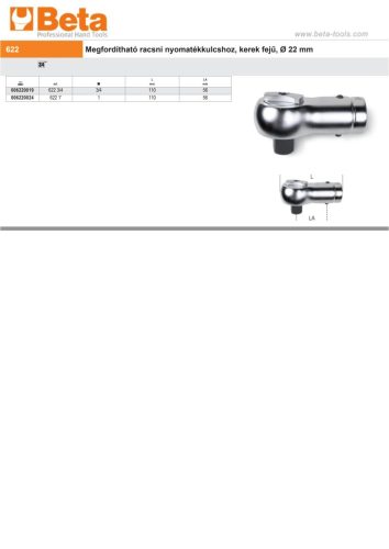 Beta 622 3/4 Megfordítható racsni nyomatékkulcshoz, kerek fejű, Ø 22 mm 3/4"
