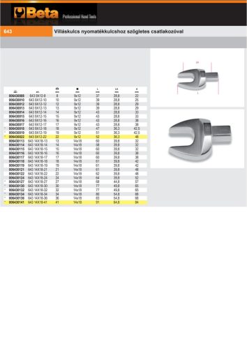 Beta 643 14X18 Villáskulcs nyomatékkulcshoz szögletes csatlakozóval 21mm