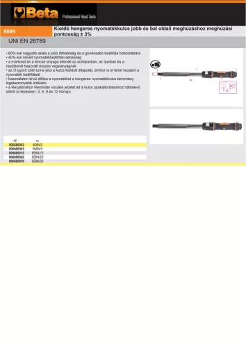 Beta 668N/10 Kioldó hengeres nyomatékkulcs Ø16mm jobb és bal oldali meghúzáshoz meghúzási pontosság ± 3%, 20-100Nm