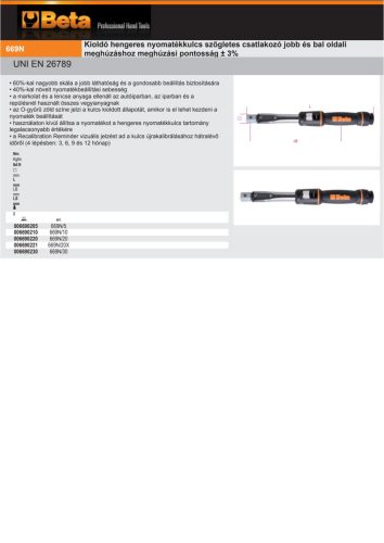 Beta 669N/5 Kioldó nyomatékkulcs, szögletes csatlakozóval, jobb és bal oldali meghúzáshoz, pontosság: ± 3%, 9x12mm 10-50Nm
