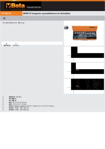 Beta 671N/C10 668N/10 hengeres nyomatékkulcs és tartozékai 3/8" 100Nm