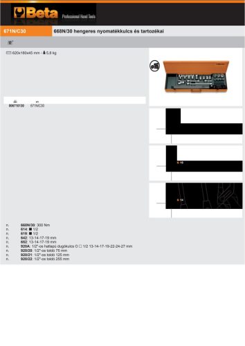 Beta 671N/C30 668N/30 hengeres nyomatékkulcs és tartozékai 1/2" 300Nm