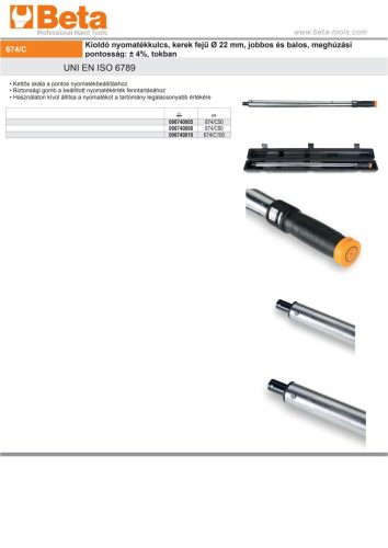 Beta 674/C100 Kioldó nyomatékkulcs, kerek fejű Ø 22 mm, jobbos és balos, meghúzási pontosság: ± 4%, tokban 200-1000Nm