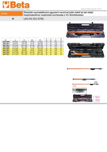 Beta 677/C600 Önkioldó nyomatékkulcs egyszerű racsnival jobb oldali és bal oldali meghúzásokhoz pontosság ± 4% fémdobozban 3/4" 120-600Nm