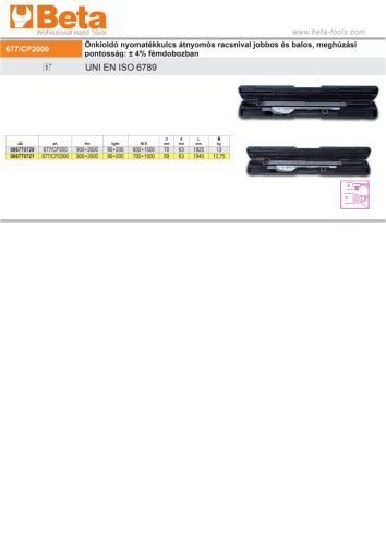 Beta 677/CP2000 Önkioldó nyomatékkulcs egyszerű racsnival jobb oldali és bal oldali meghúzásokhoz pontosság ± 4% fémdobozban 1" 900-2000Nm