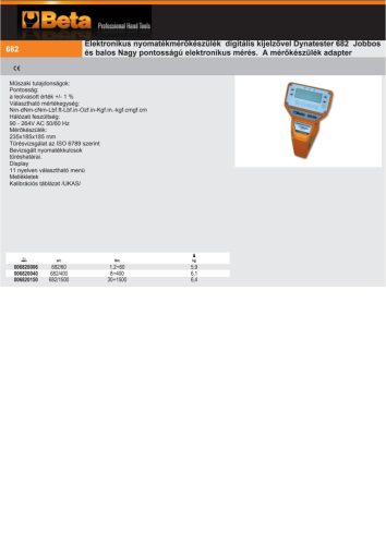 Beta 682/60 Elektronikus nyomatékmérőkészülék digitális kijelzővel Dynatester 682 Jobbos és balos Nagy pontosságú elektronikus mérés 1,2-60Nm