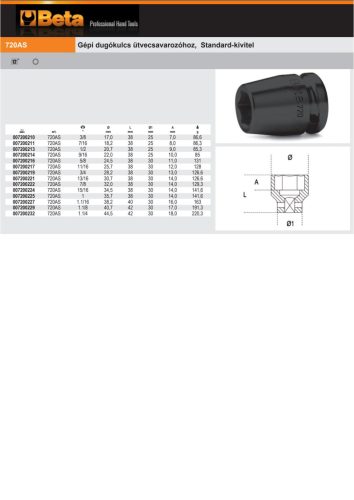 Beta 720AS ½ Gépi Dugókulcs ütvecsavarozóhoz, Standard-kivitel 1/2"