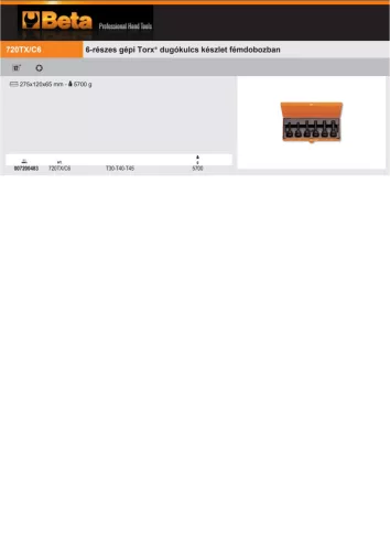 Beta 720TX/C6 6 részes gépi Torx® dugókulcs készlet fémdobozban T30-T40-T45-T50-T55-T60