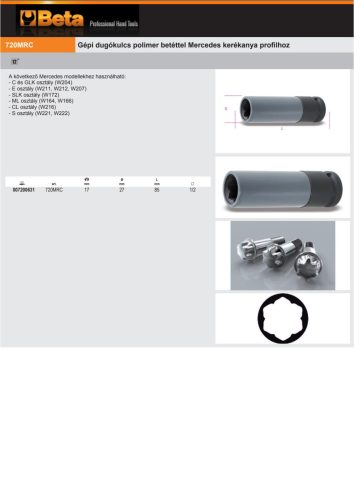 Beta 720MRC Gépi dugókulcs polimer betéttel Mercedes kerékanya profilhoz