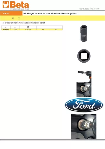 Beta 720FRD Gépi dugókulcs sérült Ford alumínium kerékanyákhoz 18,5/19,5mm