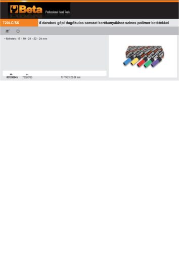 Beta 720LC/S5 5 darabos gépi dugókulcs sorozat kerékanyákhoz színes polimer betétekkel 17-19-21-22-24 mm