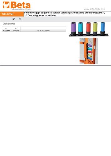 Beta 720LC/PM5 5 darabos gépi dugókulcs készlet kerékanyákhoz színes polimer betétekkel, 1/2”-os, mágneses tartósínen