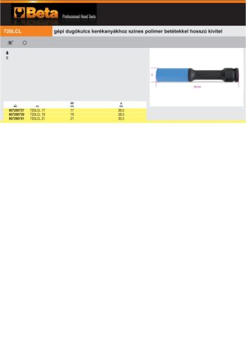 Beta 720LCL 21 gépi dugókulcs kerékanyákhoz színes polimer betétekkel hosszú kivitel 21mm