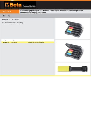Beta 720LCL/C3 3 hosszú színes gépi dugókulcs polimer betétekkel kerékanyákhoz