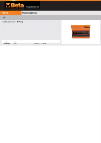 Beta 720/C6 6 részes gépi dugókulcs készlet fémdobozban 13-14-17-19-22-24 mm