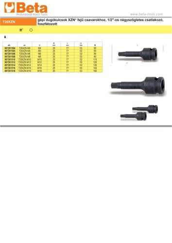 Beta 720XZN M10 Gépi dugókulcsok XZN® fejű csavarokhoz, 1/2"-os négyszögletes csatlakozó, foszfátozott M10