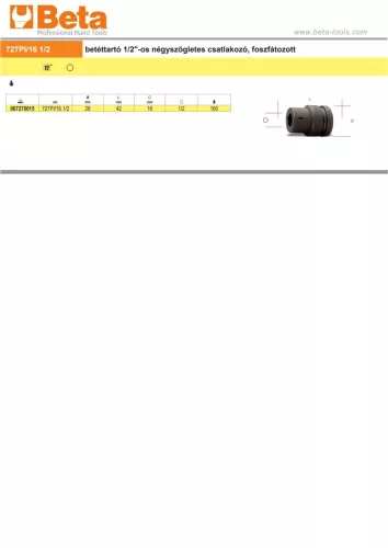 Beta 727PI/16 1/2"-os Gépi betéttartó , foszfátozott 16mm-es bitekhez